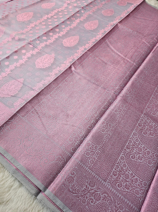 Banarasi Premium Kota Cotton Silk Saree with Pink Meena Buti, Silver Zari Border & Rich Woven Pallu