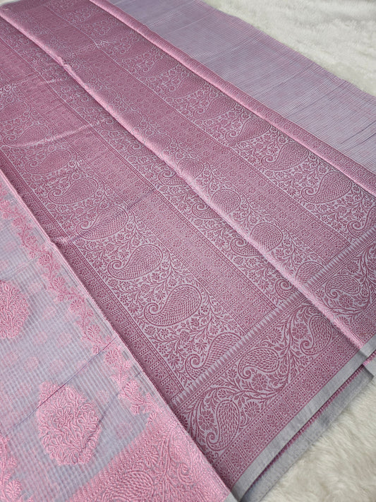 Banarasi Premium Kota Cotton Silk Saree with Pink Meena Buti, Silver Zari Border & Rich Woven Pallu