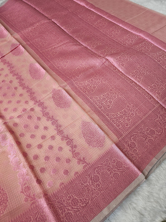 Banarasi Premium Kota Cotton Silk Saree with Peach Body, Pink Meena Buti & Rich Banarasi Woven Pallu