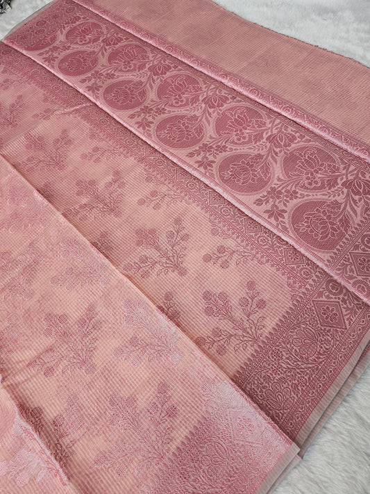 Banarasi Premium Kota Cotton Silk Saree with Peach Body, Pink Meena Buti & Rich Banarasi Woven Pallu