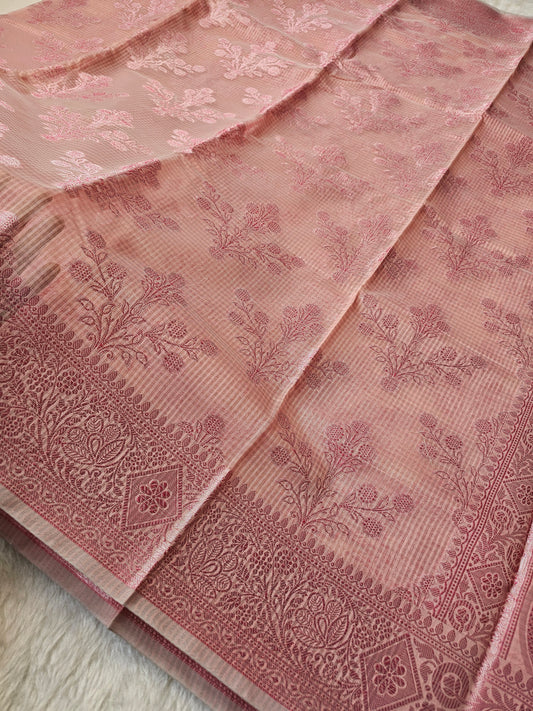 Banarasi Premium Kota Cotton Silk Saree with Peach Body, Pink Meena Buti & Rich Banarasi Woven Pallu