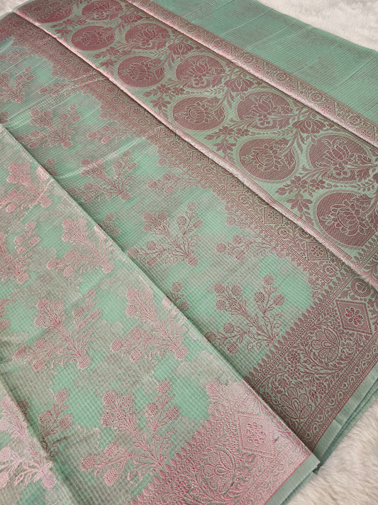 Banarasi Premium Kota Cotton Silk Saree with Mint Green Body, Pink Meena Buti & Rich Banarasi Woven Pallu