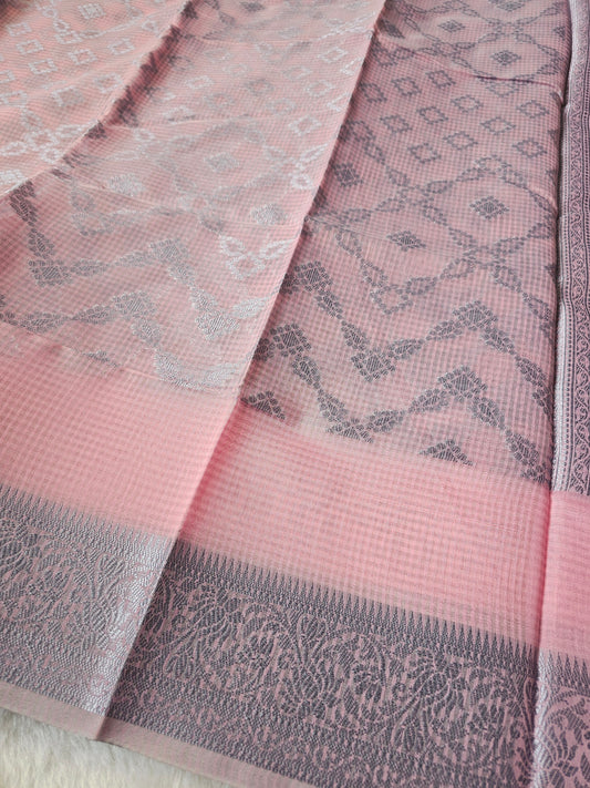 Banarasi Premium Kota Cotton Silk Saree with Soft Pink Body, Silver Floral Weaving & Designer Jacquard Pallu