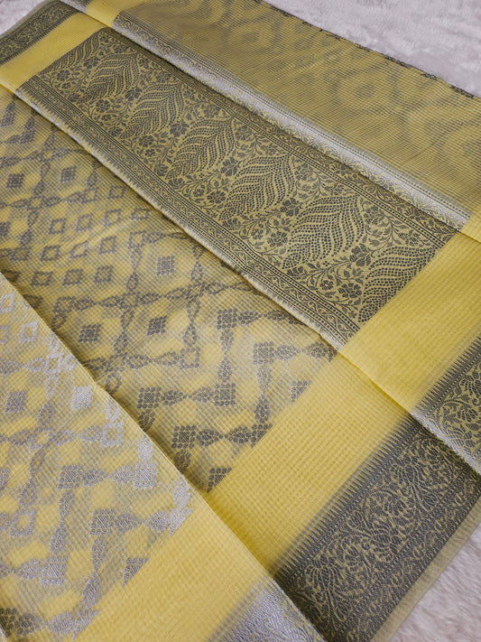 Banarasi Premium Kota Cotton Silk Saree with Lemon Yellow Body, Silver Floral Weaving & Designer Jacquard Pallu