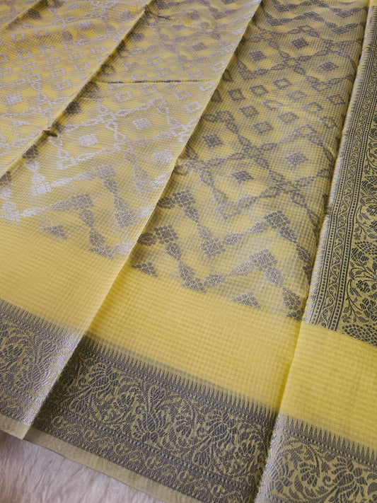Banarasi Premium Kota Cotton Silk Saree with Lemon Yellow Body, Silver Floral Weaving & Designer Jacquard Pallu