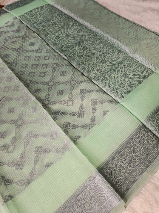 Banarasi Premium Kota Cotton Silk Saree with Mint Green Body, Silver Floral Weaving & Designer Jacquard Pallu