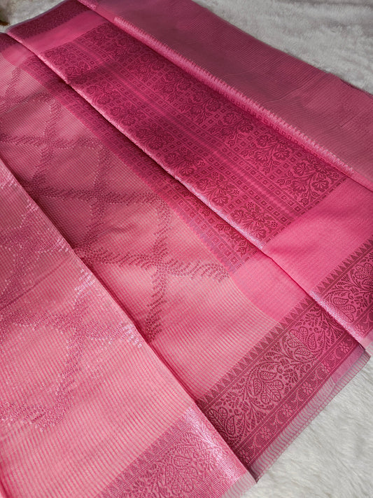 Banarasi Premium Kota Cotton Silk Saree with Rose Pink Body, Silver Floral Weaving & Designer Jacquard Pallu