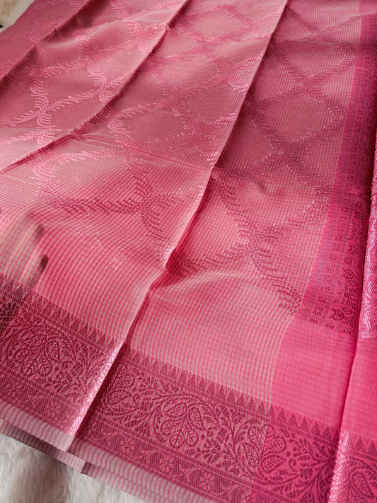 Banarasi Premium Kota Cotton Silk Saree with Rose Pink Body, Silver Floral Weaving & Designer Jacquard Pallu
