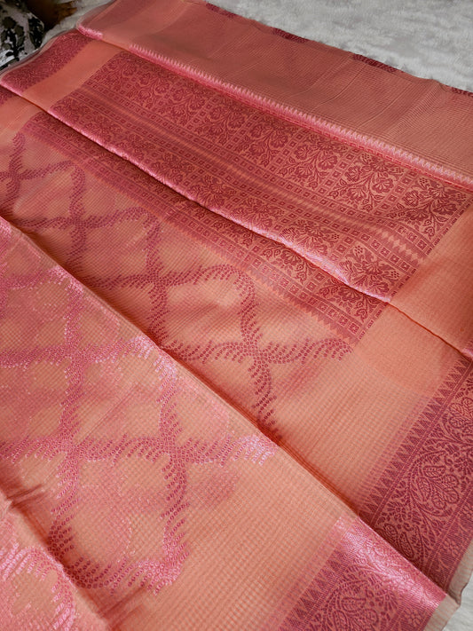 Banarasi Premium Kota Cotton Silk Saree with Rose Pink Body, Silver Floral Weaving & Designer Jacquard Pallu