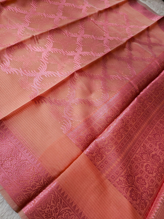 Banarasi Premium Kota Cotton Silk Saree with Rose Pink Body, Silver Floral Weaving & Designer Jacquard Pallu