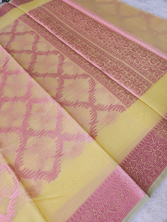 Banarasi Premium Kota Cotton Silk Saree with Sunshine Yellow Body, Silver Woven Motifs & Designer Jacquard Pallu