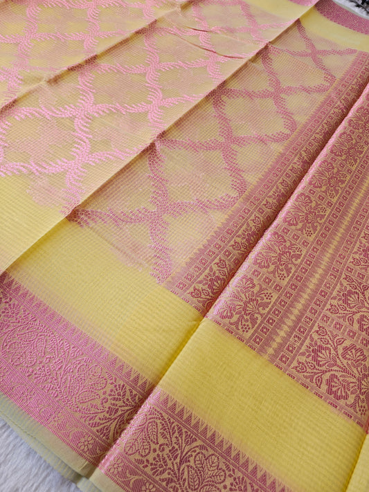 Banarasi Premium Kota Cotton Silk Saree with Sunshine Yellow Body, Silver Woven Motifs & Designer Jacquard Pallu