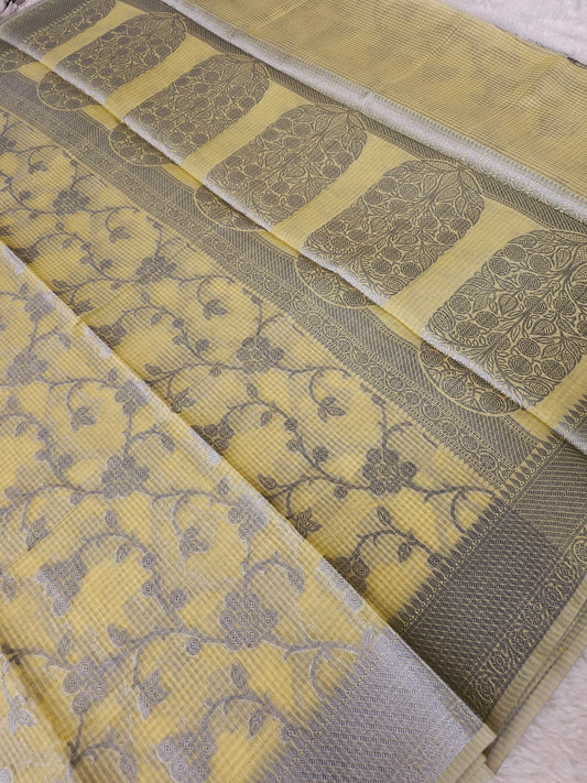 Banarasi Premium Kota Cotton Silk Saree with Pastel Yellow Body, Silver Floral Jaal Weaving & Designer Jacquard Pallu