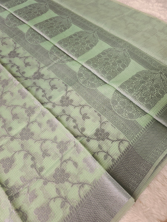 Banarasi Premium Kota Cotton Silk Saree with Mint Green Body, Silver Floral Vine Weaving & Designer Woven Pallu