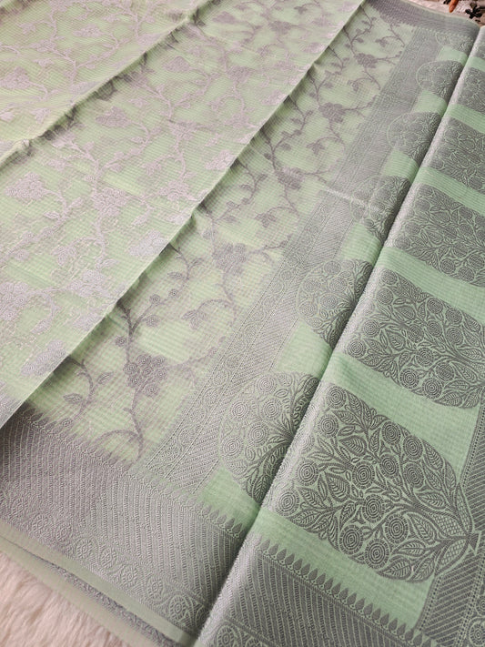 Banarasi Premium Kota Cotton Silk Saree with Mint Green Body, Silver Floral Vine Weaving & Designer Woven Pallu