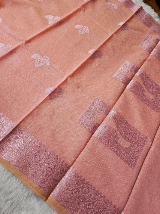 Banarasi Premium Linen Cotton Silk Saree with Peach Body & Elegant Woven Paisley Border