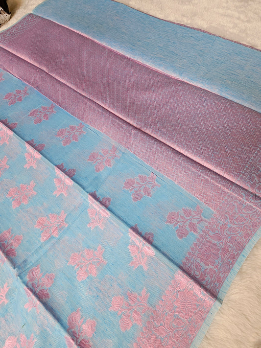 Banarasi Premium Linen Cotton Silk Saree with Sky Blue Body & Pink Floral Woven Border