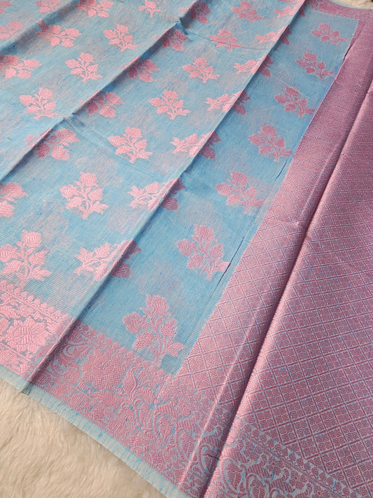 Banarasi Premium Linen Cotton Silk Saree with Sky Blue Body & Pink Floral Woven Border