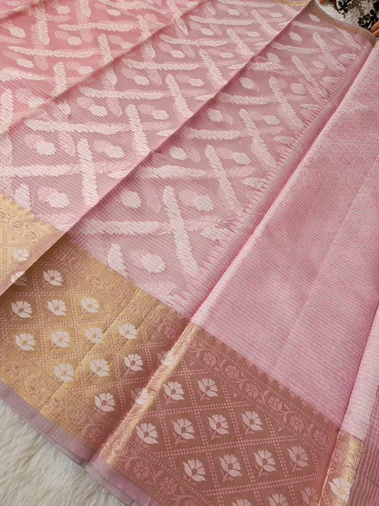 Banarasi Premium Kota Resham Cotton Silk Saree with Peach Floral Weaving & Rich Zari Border