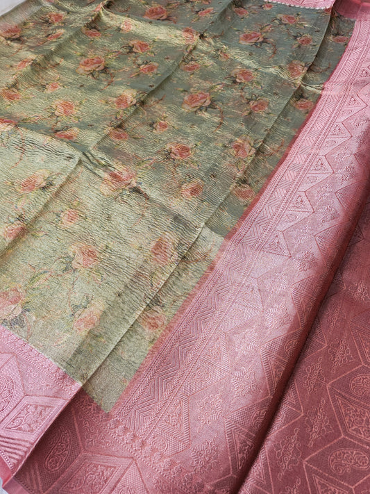 Banarasi Premium Printed Tissue Silk Saree with Vintage Rose Print & Blush Pink Jacquard Pallu