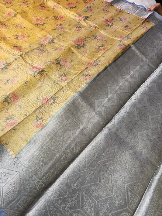 Banarasi Premium Printed Tissue Silk Saree with Vintage Rose Print & Silver Jacquard Pallu