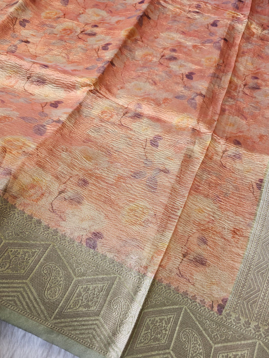 Banarasi Elegant Printed Tissue Silk Saree with Silver Zari Woven Border & Rich Pallu