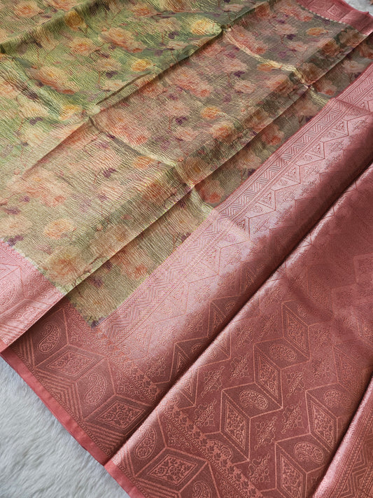 Banarasi Premium Printed Tissue Silk Saree with Rose Pink Zari Woven Border & Rich Jacquard Pallu