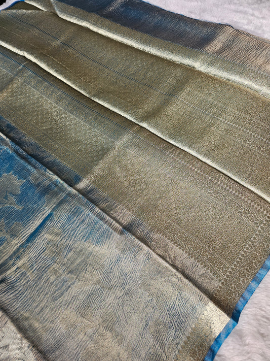 Banarasi Premium Crush Tissue Silk Saree with Royal Blue Border & Rich Gold Zari Woven Pallu