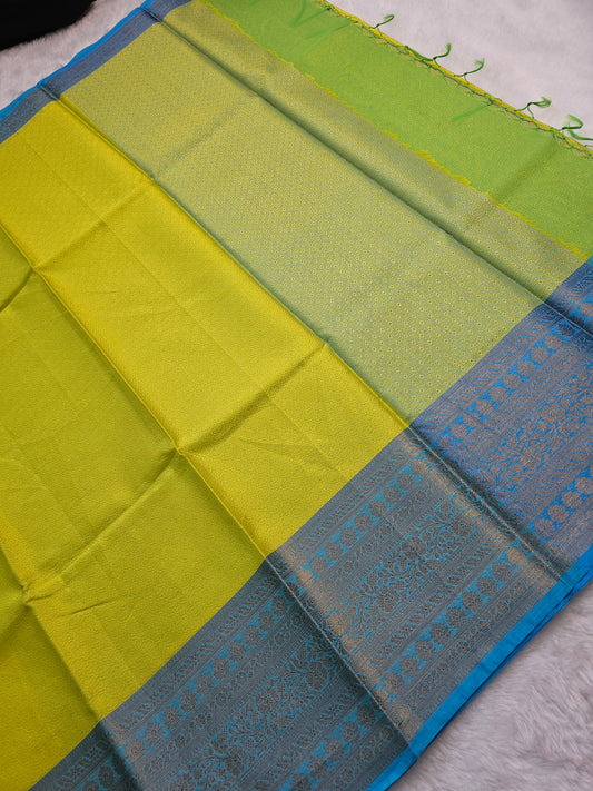 Banarasi Premium Cotton Silk Saree with Lime Green Body & Royal Blue Zari Woven Border
