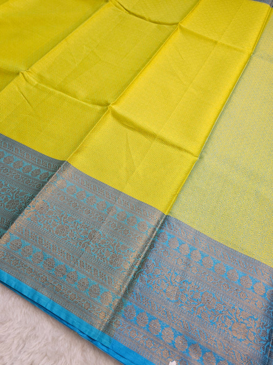 Banarasi Premium Cotton Silk Saree with Lime Green Body & Royal Blue Zari Woven Border