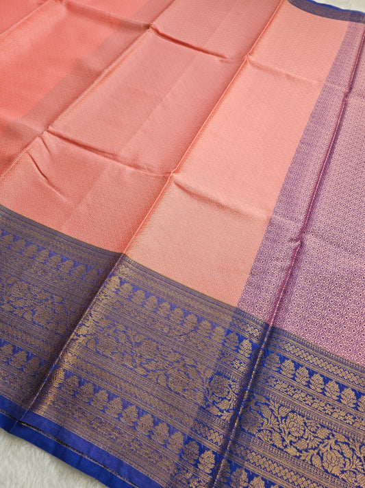 Banarasi Premium Cotton Silk Saree with Peach Body & Royal Blue Zari Woven Border