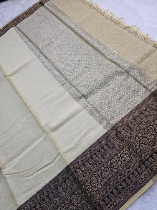 Banarasi Premium Cotton Silk Saree with Ivory Body & Black Zari Woven Border