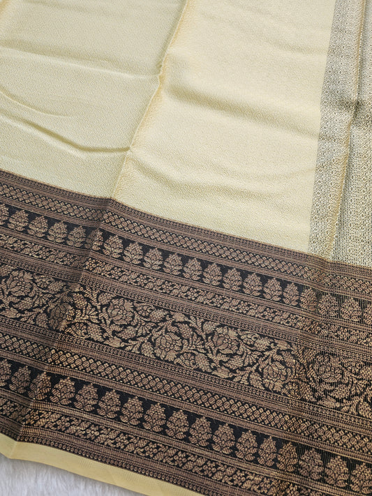 Banarasi Premium Cotton Silk Saree with Ivory Body & Black Zari Woven Border