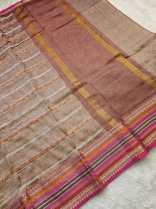 Banarasi Premium Embroidered Tissue Silk Saree with Floral Embroidery & Contrast Woven Border