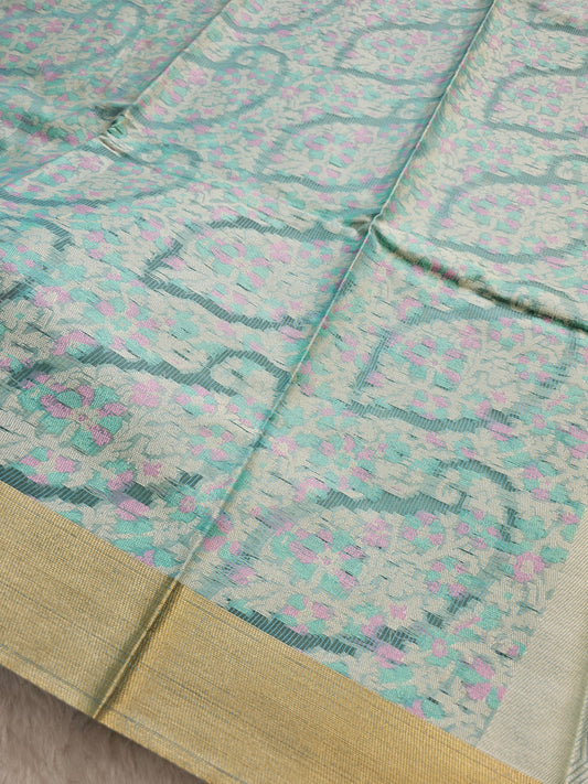 Banarasi Elegant Floral Print Cotton Saree with Aqua Green Body & Golden Border