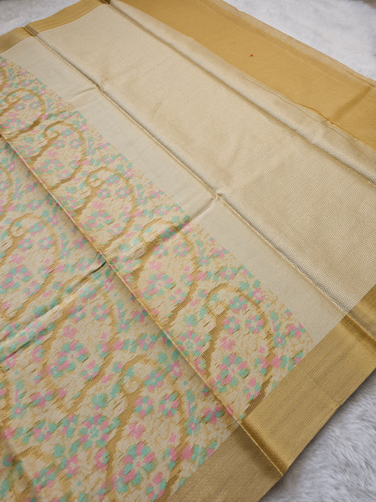 Banarasi Elegant Floral Print Pure Cotton Saree with Golden Border – Cream & Mustard