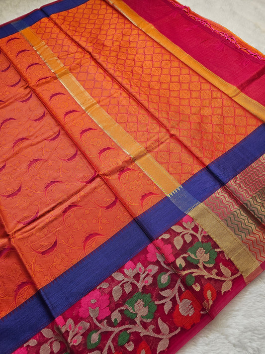 Banarasi Traditional Cotton Silk Saree with Orange Jacquard Weave & Contrast Blue Border