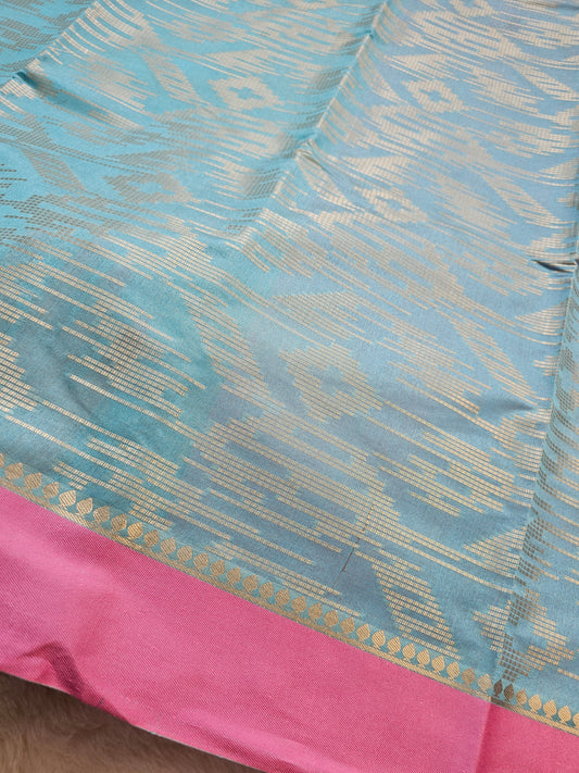 Banarasi Sky Blue Cotton Saree with Gold Woven Floral Design & Pink Zari Border