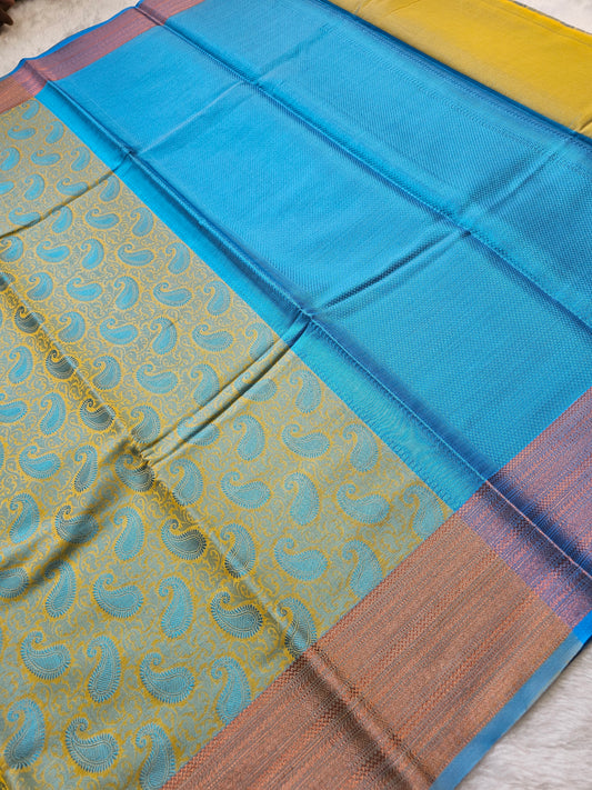 Banarasi Turquoise Blue Cotton Saree with Mustard Paisley Woven Pallu & Rich Zari Border