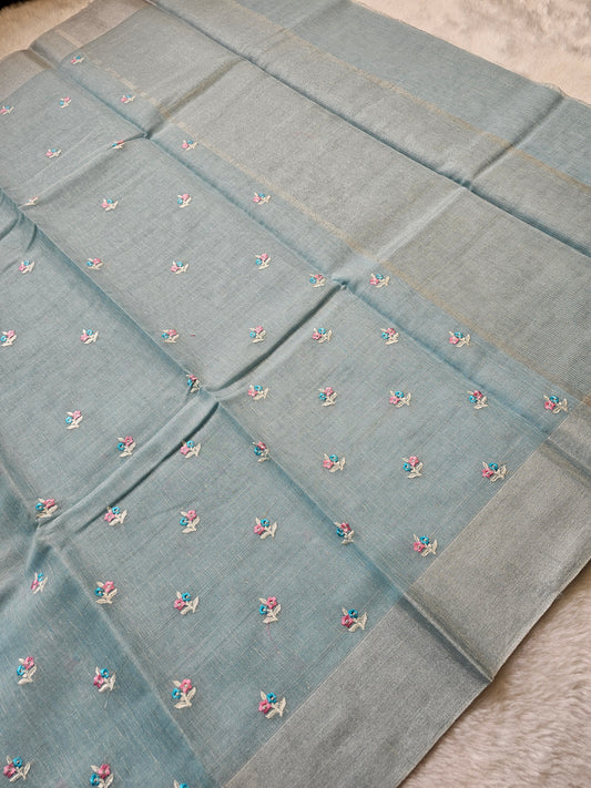 Banarasi Premium Embroidered Linen Silk Saree with Floral Butti Work