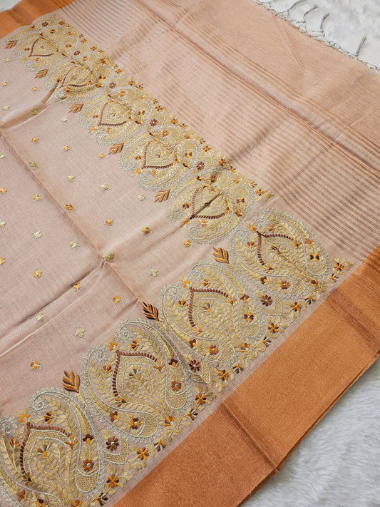 Banarasi Premium Embroidered Linen Silk Saree with Paisley Border – Peach