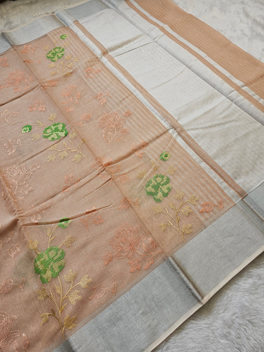 Banarasi Premium Embroidered Linen Silk Saree with Floral Thread Work – Peach & Silver