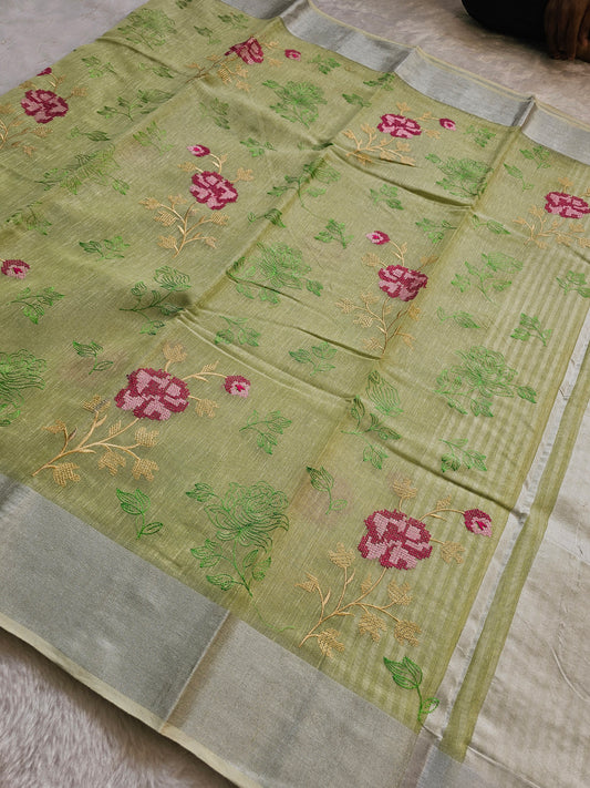 Banarasi Premium Embroidered Linen Silk Saree with Floral Thread Work – Olive Green & Silver
