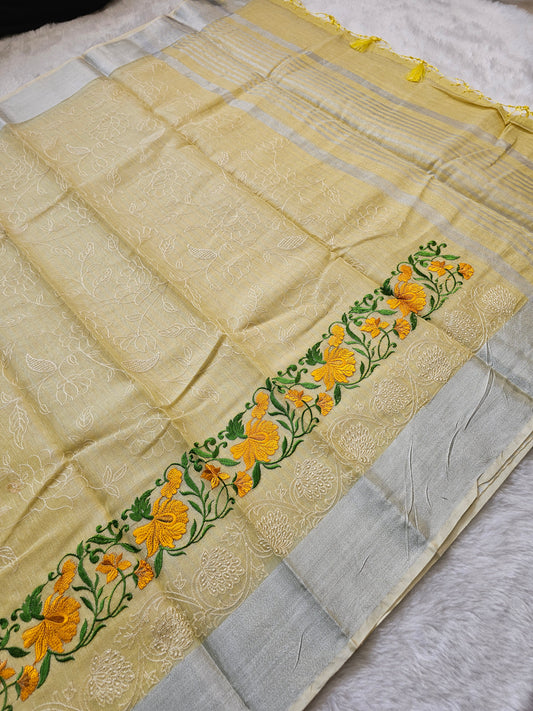 Banarasi Premium Embroidered Linen Silk Saree with Floral Border – Lemon Yellow & Silver