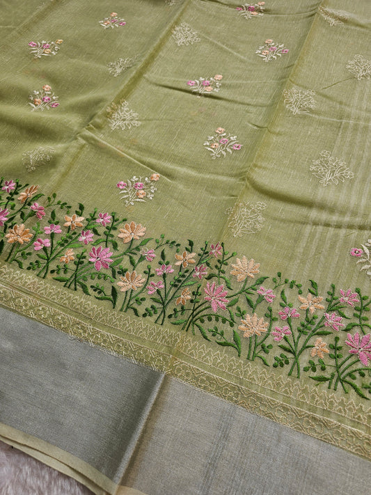Banarasi Premium Embroidered Linen Silk Saree with Floral Border – Sage Green & Silver