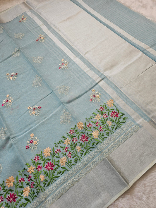 Banarasi Premium Embroidered Linen Silk Saree with Floral Border – Sky Blue & Silver