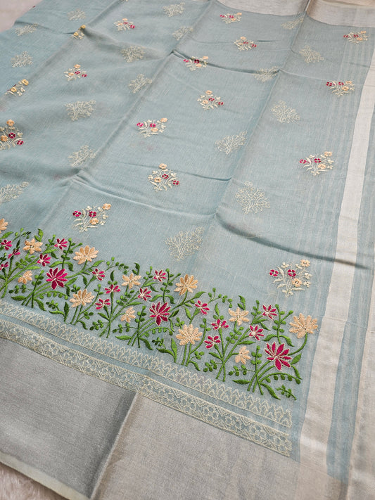 Banarasi Premium Embroidered Linen Silk Saree with Floral Border – Sky Blue & Silver