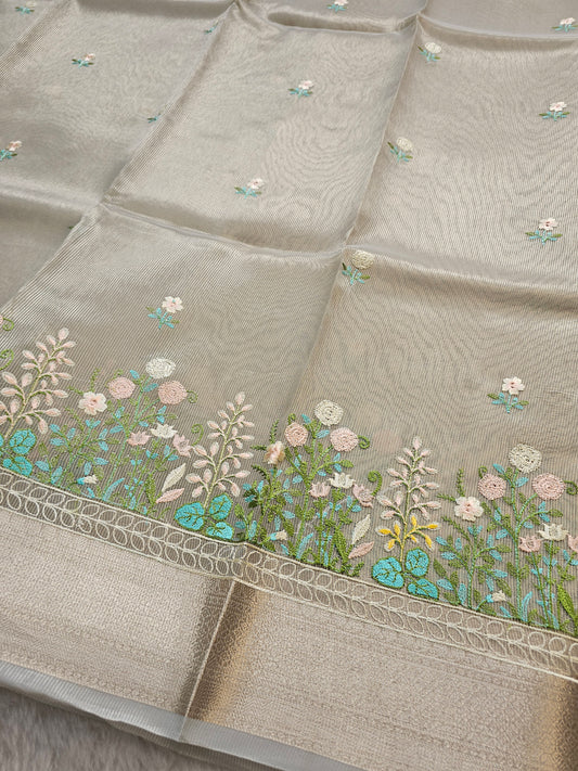 Banarasi Premium Embroidered Tissue Silk Saree with Floral Border – Taupe Grey & Gold