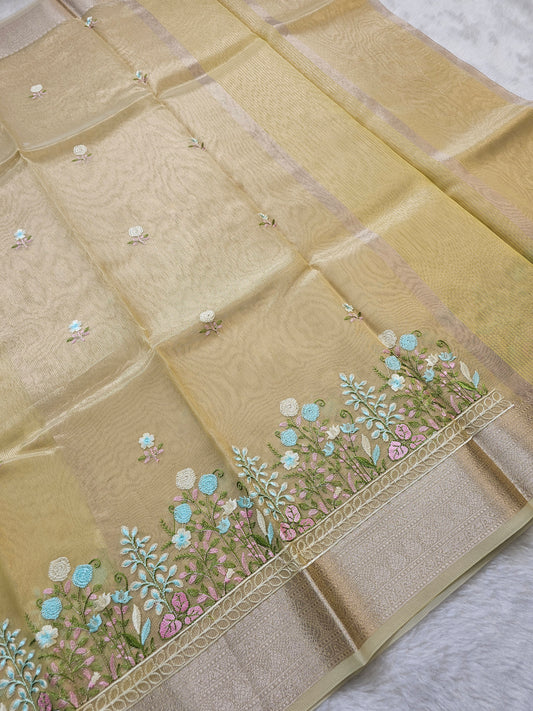 Banarasi Premium Embroidered Tissue Silk Saree with Pastel Floral Border – Golden Beige & Rose Gold