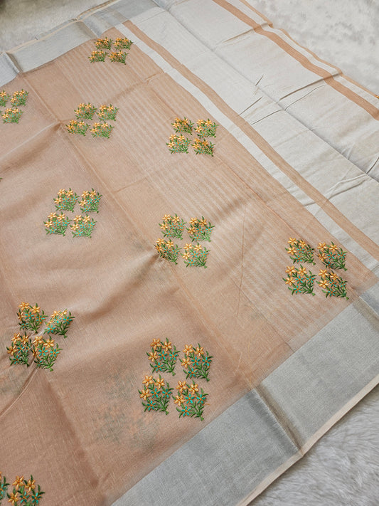 Banarasi Premium Embroidered Linen Silk Saree with Floral Butta – Peach Beige & Silver